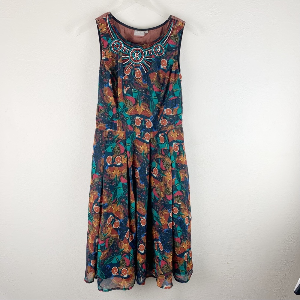eShakti Embroidered Sleeveless Abstract Butterflies Boho Fit Flare Dress M